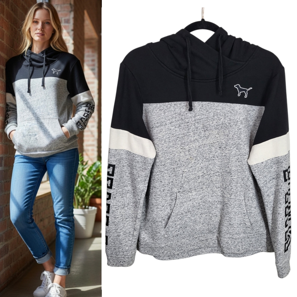 Pink Victoria's Secret Colorblock Pullover Hoodie Black/Gray Logo Size Small